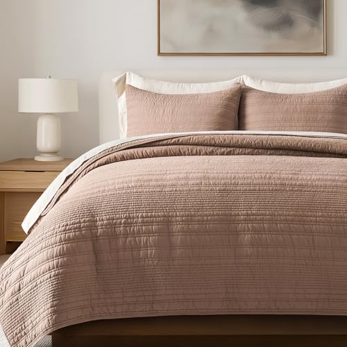 EVERGRACEHOME 100% Cotton Modern Lines Quilt Set King Size, Pre-Washed Soft Striped Coverlet Bedspread, 3 Piece Lightweight Bedding Set for All Season, with 2 Pillow Shams, Rose Dust