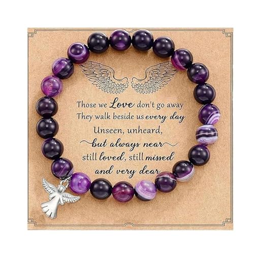 Memorial Sympathy Bereavement Angel Guardian Protection Healing Natural Stone Beaded Stretch Elastic Adjustable Bracelet Faith and Love Inspirational Bangle Jewelry