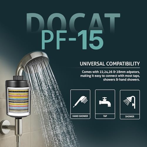Image of DOCAT Tap Filter for Hard Water | Shower & Faucet Water Softener | Removes Chlorine, Limescale & Dirt | Reduces Hair Fall & Skin Dryness | Bathroom Filter for Tap & Hand Shower | Universal Fit | Black