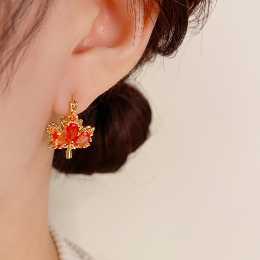Maple Leaf Huggie Hoop Fall Earrings for Women Orange Red Crystal Pretty Earrings Dainty Small Hoops Engagement Wedding Prom Thanksgiving Party Festival Autumn Leaves Fall Jewelry Accessories - Image 2