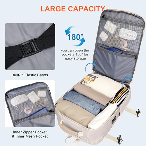 PIJUSHI Carry on Travel Backpack for Women Expandable Suitcase Backpacks Flight Approved 40L 16 inch Laptop Bag with USB Port(PE034 Beige)3