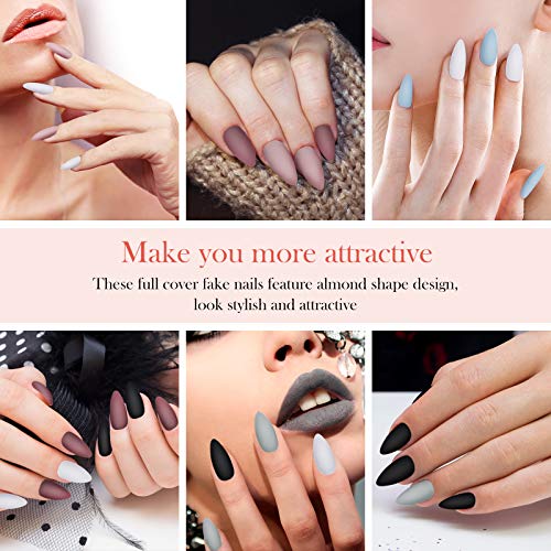 144 Pieces Short Matte Press On Nail Full Cover Fake Nails 6 Solid Colors Stiletto Fake Nails Almond False Nails Artificial Nails With 6 Sheets Adhesive Tabs For Diy Nail Art (Deep Color) #TOP1