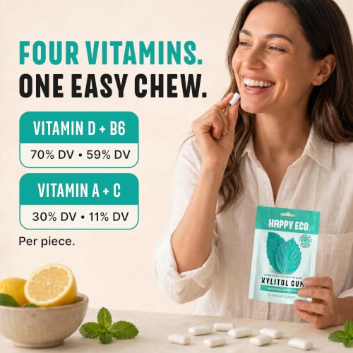 Xylitol Vitamin Gum, Sugar Free, Spearmint, 56Pcs, Natural Gum Plastic Free | Daily Boost of Vitamins A, B6, C & D, Natural Chicle Base, Aspartame Free, Vegan, Keto, Gluten Free - image 4