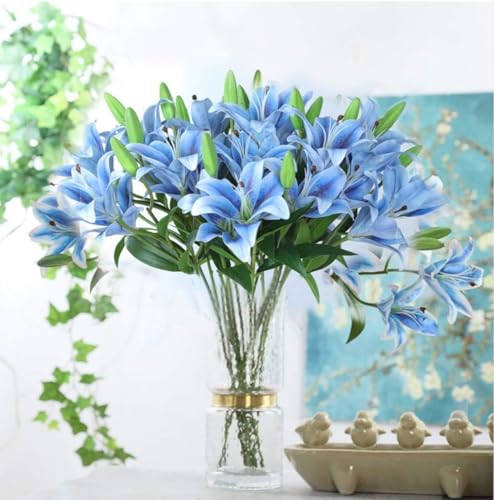 Image of VRB Dec 1 Pcs (3 Head) Lily Artificial Flowers Bunch Foam Flowers Sticks,Lily Artificial Flowers for Home Decor,Bedroom, Living Room, Table, Balcony, Office, Wedding, Pooja (Blue Color)