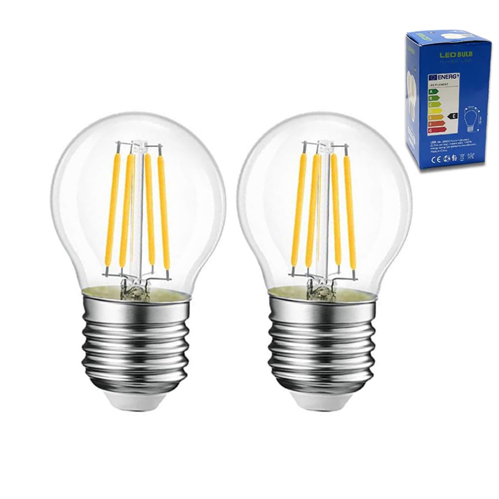 Xnordcaper G45 E27 Golf Ball LED Light Bulbs, 4W Energy Saving G45 Mini Globe LED Filament Light Bulb Clear Glass 3000K Warm White E27 SES Edison Screw Bulbs, 40W Equivalent, Non Dimmable, Pack of 2