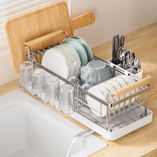 Dish Drainer Rack, Dish Drainer, 304 Stainless Steel, Dish Drying Rack, Kitchen Storage Rack, Washing Rack, Rotating & Extendable Drainage Tray, Large Capacity, Space Saving, Chopsticks, Cups, Cutting