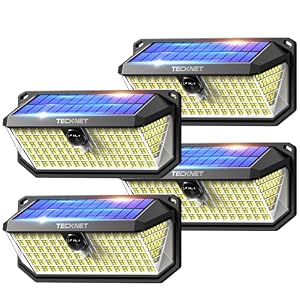 TECKNET 416 LED Solar Lights Outdoor Garden 4200Lm, Motion Sensor Garden Lights, 300° Angle & 3 Lighting Modes, Security Outdoor Wall Light IP66 Waterproof for Fence Front Door Yard Garage, 4 Packs