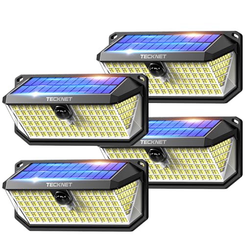 TECKNET 416 LED Solar Lights Outdoor Garden 4200Lm, Motion Sensor Garden Lights, 300° Angle & 3 Lighting Modes, Security Outdoor Wall Light IP66 Waterproof for Fence Front Door Yard Garage, 4 Packs