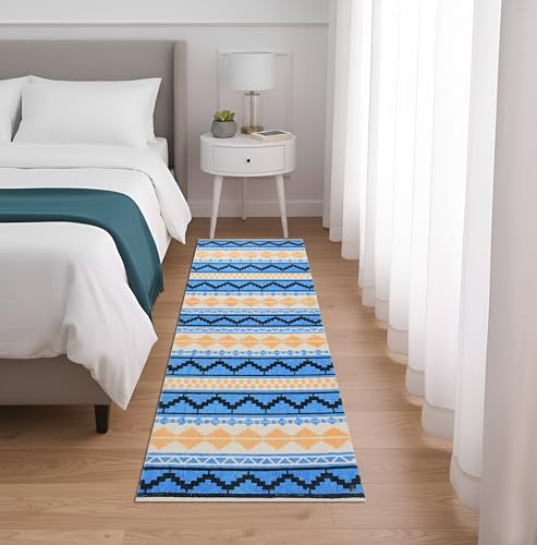 Image of SAGON 2x5 Ft Printed Runner Carpet - Cotton Bedside Rug for Bedroom & Living Room (Blue Kilim)