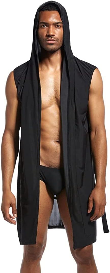 Mendove Men's Silky Sexy Sleeveless Summer Robe Hooded Bathrobe