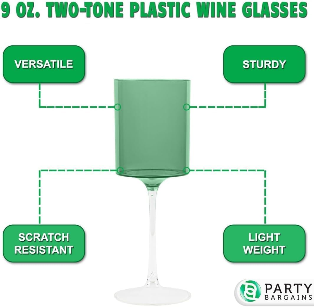PARTY BARGAINS Plastic Wine Glasses 9 oz, Two-Tone Shatterproof Stemmed Party Cups for Weddings, Parties & Outdoor Entertaining, Green & Clear, 10 Pack