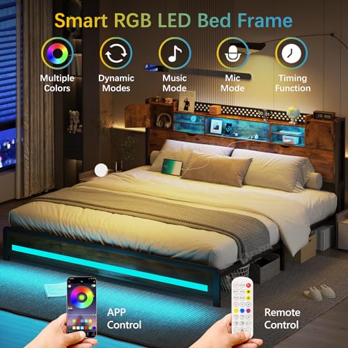 CSZZD King Size Bed Frame and Storage Headboard, LED Bed Frame with USB Charging Station, Metal Platform Bed Frame King with Hidden Storage Space, No Box Spring Needed, Vintage Brown - Thumbnail 3