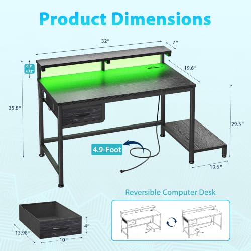 Image of DurayLoly 32 inch Gaming Desk with Power Outlet and LED Lights,Bedroom,Black