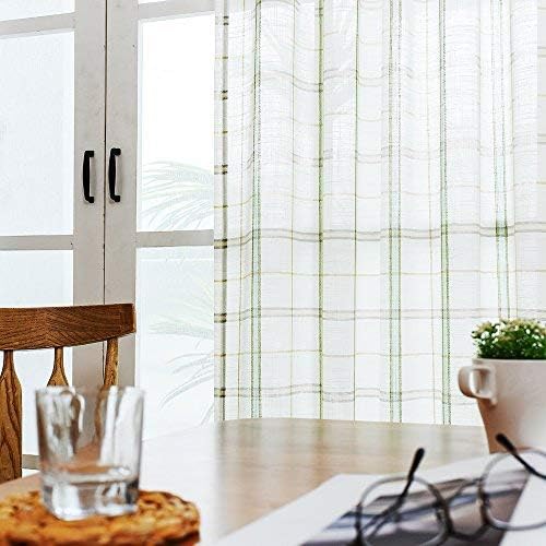 Checkered Sheer Curtains for Living Room Gingham White Window Plaid Sheer Curtains for Bedroom Classic Linen Textured Green Striped Window Curtain Panel 63 inches Long 2 Pairs