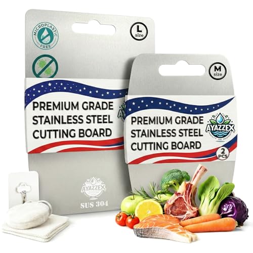 Image of Stainless Steel Cutting Board Set 2 Pcs – Premium SUS 304 Double-Sided Cutting Boards for Kitchen, Meat, Vegetables – Includes Sponge, Adhesive Hook & Silicone Pad – Dishwasher Safe - Large & Medium