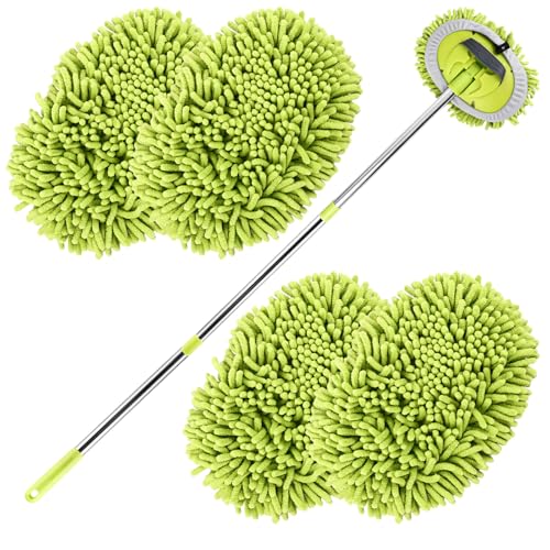 160cm Brosse Lavage Voiture Nettoyage à Manche Long Kit de Vadrouille, 2 en 1 Chenille Microfibre Balai Pinceau ​pour Véhicule Voitures Camion Caravane, sans Rayures(4 x Têtes de Vadrouille) ﻿