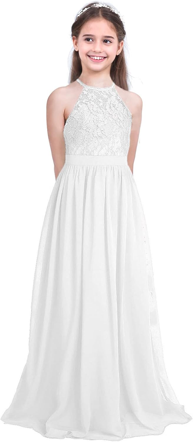 Teens Junior Halter Neck Lace Chiffon Flower Girl Dress Bridesmaid Wedding Prom Party Maxi Gown