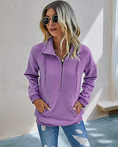 Image of PRETTYGARDEN Women's Casual Long Sleeve Zipper Sweatshirt Drawstring Loose Quarter Zip Pullover Tops with Pockets