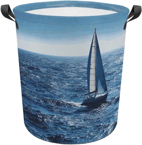 ハンドル付きランドリーバスケット 防水 折りたたみ式 ランドリーバスケット ブルー シー ヨット 衣類かご バスルーム 寝室用