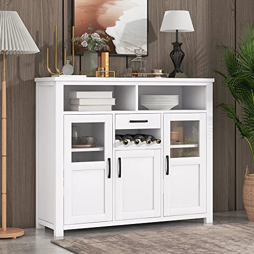 Quarte Multipurpose Sideboard Kitchen Buffet Cabinet with Wine Rack,Drawer and Adjustable Shelves,for Kitchen,Living Room,Dining Room,Office and Entryway (Antique White@)