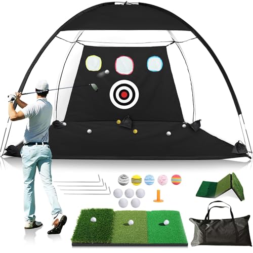 Golf Practice Net 10x7ft for Garden with 6 Balls Driving with Triple Turf Mat，Swing Correction Trainer Carry Bag Chipping Turf Mat for Backyard，Multiple Targets Golf Training Aid Net Accessories