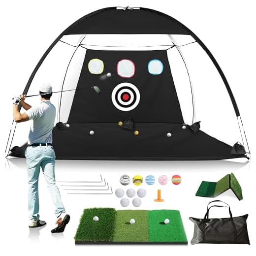Golf Practice Net 10x7ft for Garden with 6 Balls Driving with Triple Turf Mat，Swing Correction Trainer Carry Bag Chipping Turf Mat for Backyard，Multiple Targets Golf Training Aid Net Accessories