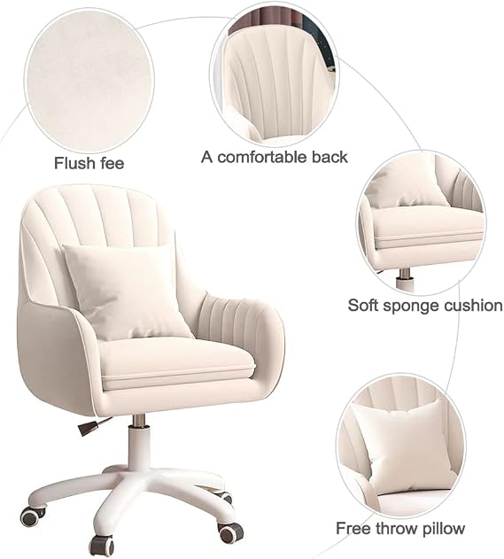 Home Office Chair Computer Chair with Mid-Back Upholstered Modern Tufted Computer Task Chair Swivel Height Adjustable Velvet Accent Chair（White）.