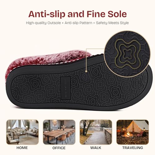 EverFoams Women's Bootie Slippers Warm Soft Comfy Memory Foam Non-slip Indoor House Shoes with Fluffy Collar Burgundy Size 6 UK - Image 5