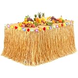 Fovths Luau Grass Table Skirt 9 Feet x 29.5 Inch Hawaiian Grass Table Skirt with Flowers Natural Hawaiian Party Decorations for Luau Birthday Summer Beach Party Supplies, Dark Straw Yellow