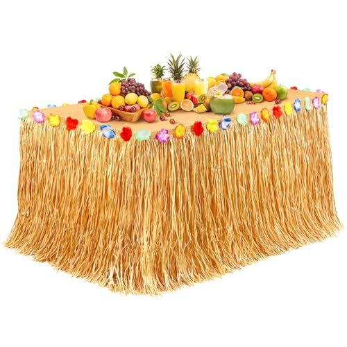 Fovths Luau Grass Table Skirt 9 Feet x 29.5 Inch Hawaiian Grass Table Skirt with Flowers Natural Hawaiian Party Decorations for Luau Birthday Summer Beach Party Supplies, Dark Straw Yellow