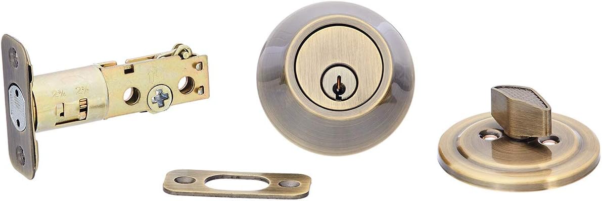 Amazon Basics Exterior Door Knob With Lock and Deadbolt, Bell, Antique Brass