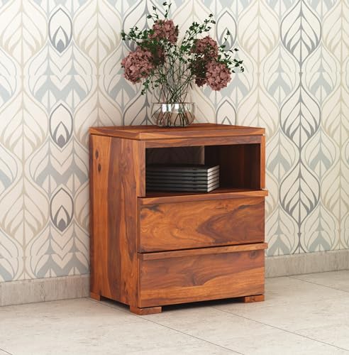 Image of Sheesham Wood Bedside End Table with 2 Drawers and Open Shelf Storage for Bedroom Living Room Wooden Furniture Side Table for Hotel Room Office -(Honey Finish)