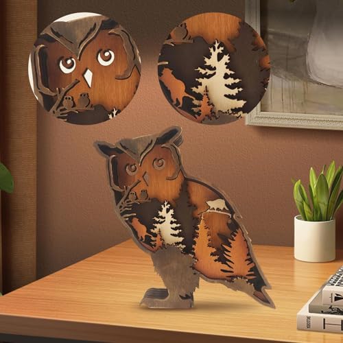 Drawelry 3D Bois Animaux Statue Ornement Artisanat Wooden Forêt Loup Renard Hibou Éléphant Sculpture Décoration pour Salon Chambre d'enfants Salon Chambre...