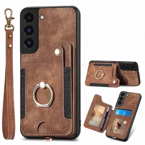Housse Galaxy S22 Plus en cuir PU marron, étui portefeuille haut de gamme antichoc avec dragonne
