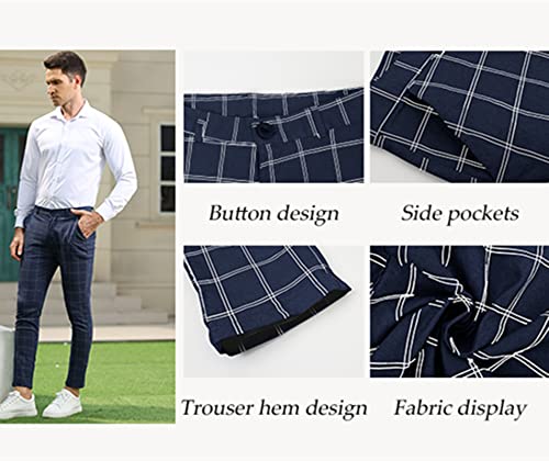 Men's Skinny Fit Plaid Pants Business Dress Pants Stretch Slim Fit Casual Trousers Golf Work Long Pants Navy Blue #TOP2