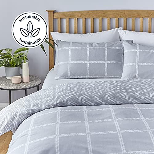 Silentnight Sustainable Check Reversible Grey Super Soft Easy Care Cotton Duvet Cover Quilt Bedding Set - King (220 cm x 230 cm) + 2 Matching Pillowcase
