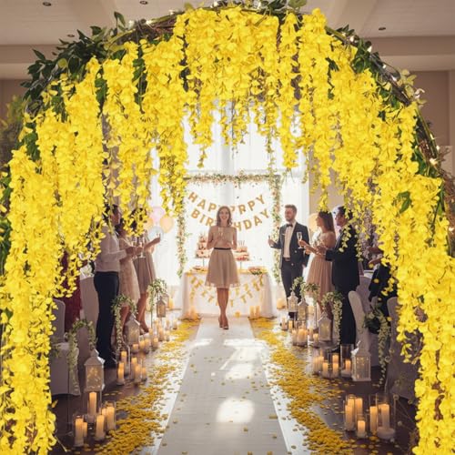 Image of Party Propz Yellow Wisteria Artificial Flowers for Decoration - 12Pcs(3.6ft), Money Plant Artificial Leaves- 2Pcs(8ft), Haldi Decorations Items for Home, Wedding Decorations Items