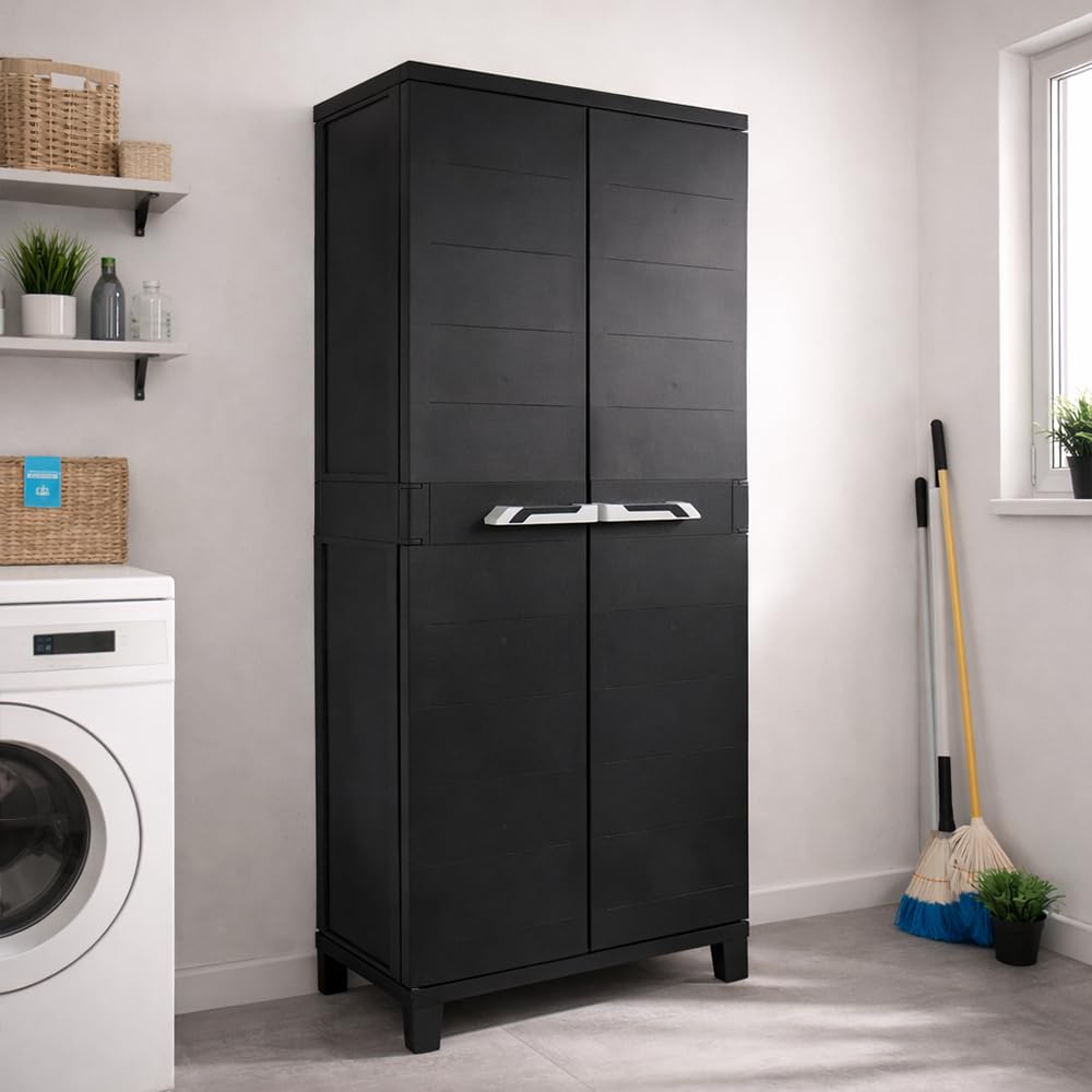 Ondis24 Kunststoffschrank Prime Beistellschrank mit 3 Böden verstellbar 15 kg Schwarz Abschließbar Mehrzweckschrank für Haushalt, Keller & Abstellraum (Schloss Nicht enthalten) (172cm)