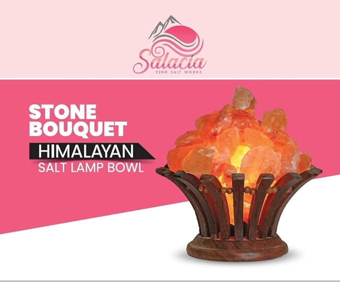 Salacia Stone Bouquet - A Himalayan Salt Lamp Bowl with Dimmer Cord - 100% Natural Pink Salt Rocks with Neem Wood Basket, Natural Himalayan Salt Ball Bowl Lamp, Premium Quality Wood Base Light. photo 2