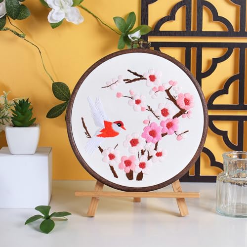Image of Luxiys Embroidery Kit Cross Stitch Kit for Beginners with Exquisite Flower and Bird Designs (Magpie Ascending Plum Blossom) (Brown), LXS-EK02