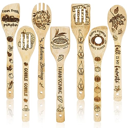 Whaline 7Pcs Fall Thanksgiving Wooden Spoon Set Maple Turkey Gnome Wooden Spoons Natural Burned Cooking Utensil Spoon Gift Engraved Laser Scoops for Thanksgiving Party Decoration Home Kitchen Supplies