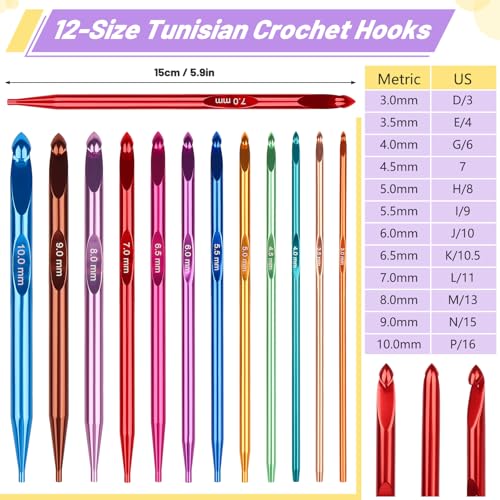 Image of Coopay Tunisian Crochet Hooks Set, 12-Size (3.0mm-10.0mm) Interchangeable Crochet Hooks with 4 Cables (40 /60 /80 /100cm), Smooth & Ergonomic, Perfect for Crocheting Blankets, Dolls, Shawls - Ideal Gifts