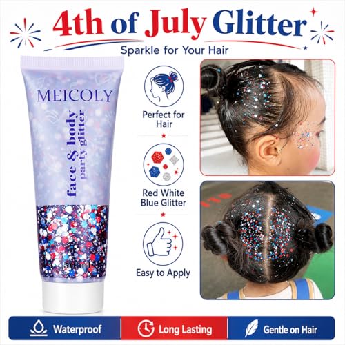 image for MEICOLY Red White and Blue Face Glitter,4th of July Patriotic Accessor