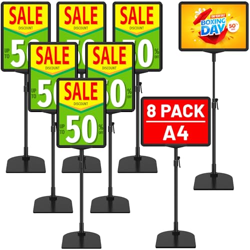 VAIIGO Confezione da 8 supporti per cartelli A4, supporto regolabile per poster da tavolo e pavimento, supporto per cartelli da pavimento, supporti per segnaletica in metallo per aziende, mercato