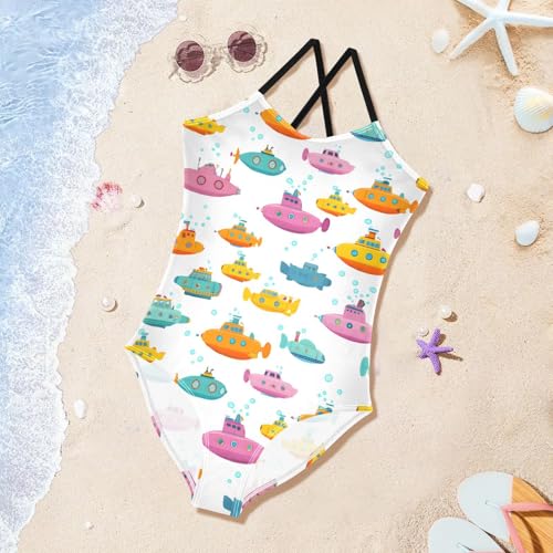Submarine Pattern Girls One Piece Swimsuits Summer Quick Dry Beach Bathing Suit3