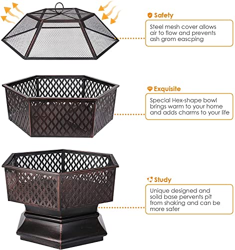 Zeshoekige vuurkorf voor in de tuin, 76 x 76 x 63 cm, met vonkbescherming, voor tuin, terras, strand, voor verwarming en… - Image 5