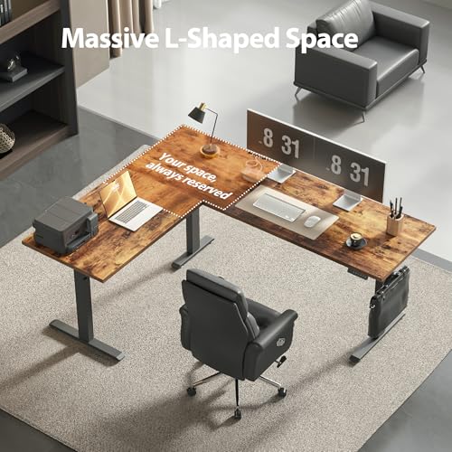 Image of Agilestic Triple Motors 73 inch x 60 inch L Shaped Standing Desk, Electric Standing Desk Adjustable Height, Extra Large Desktop Corner Table for Home Office, Gaming Workstation, Splice Board, Rustic Brown