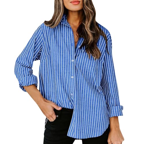 Generisch Camisa de manga larga con botones para mujer, diseño a rayas, con cuello, a rayas, azul, XL