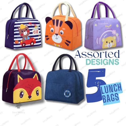 Image of 5 Piece Insulated Lunch Bag for Kids - School Tiffin Bag - Tiffin Bag for Office - Storage Bag - Birthday Party Return Gifts - Return Gift for Kids in Bulk - Pack of 5 (Assorted)