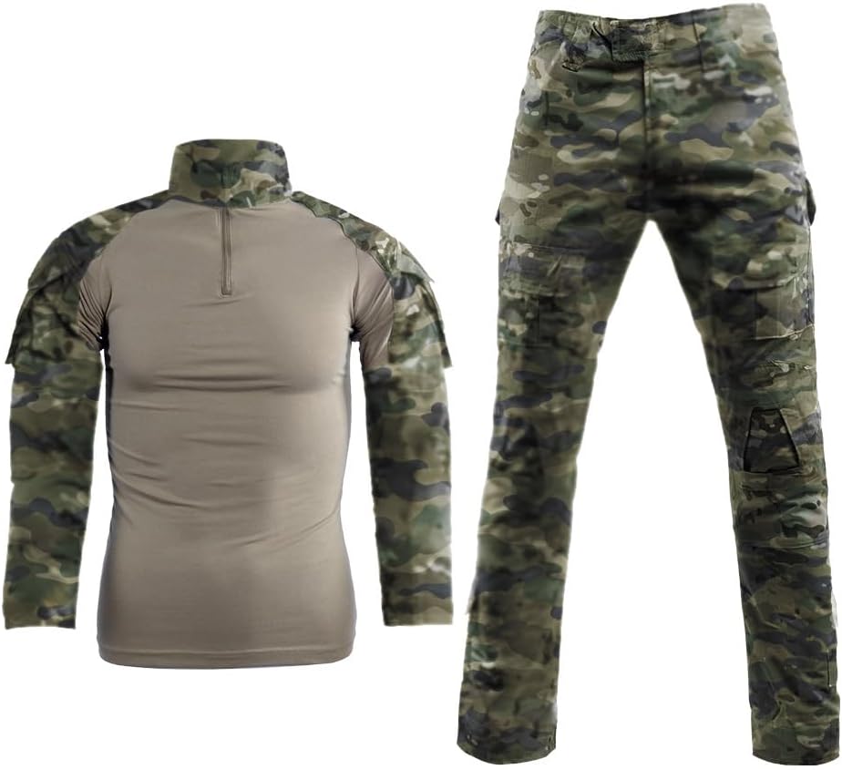 LANBAOSI Men's Tactical Combat Shirt and Pants Set Long Sleeve Woodland Hunting Military Uniform 1/4 Zip